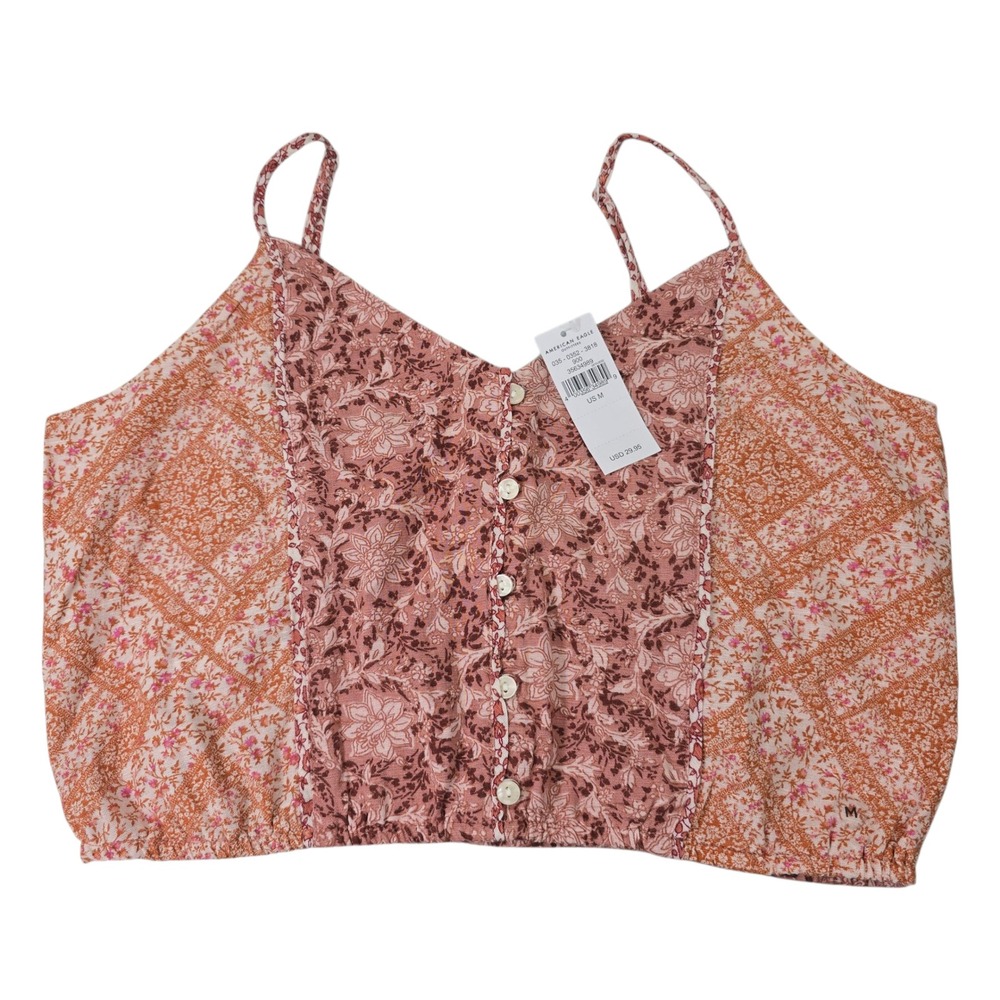 American Eagle Tank Top Womens Medium Pink Cotton Linen Floral Boho Cropped Cami